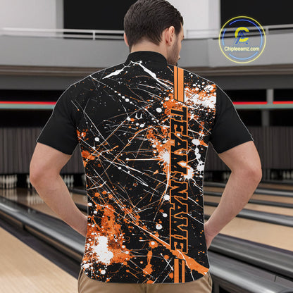 Custom Black And Orange Splatter Camo Strike Bowling League Shirts, Men Bowling Jerseys IPHW10650