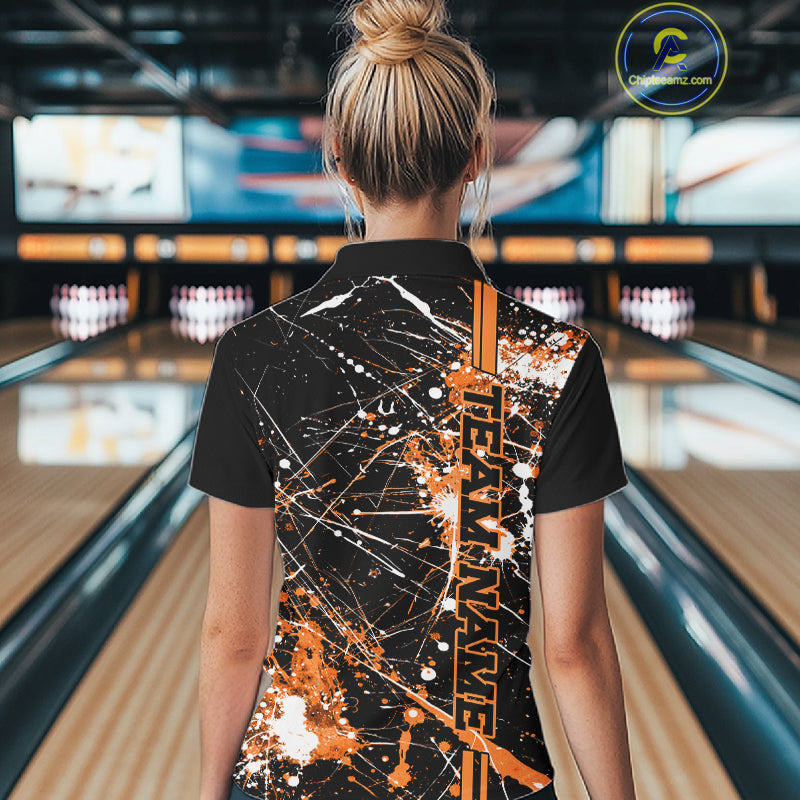 Custom Black And Orange Splatter Camo Strike Bowling League Shirt, Women Bowling Jerseys IPHW10650