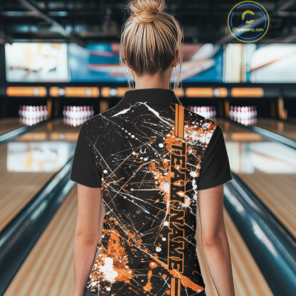 Custom Black And Orange Splatter Camo Strike Bowling League Shirt, Women Bowling Jerseys IPHW10650
