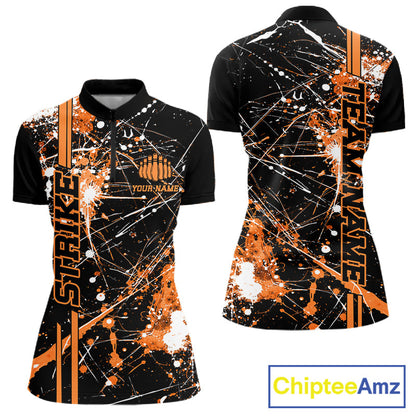 Custom Black And Orange Splatter Camo Strike Bowling League Shirt, Women Bowling Jerseys IPHW10650