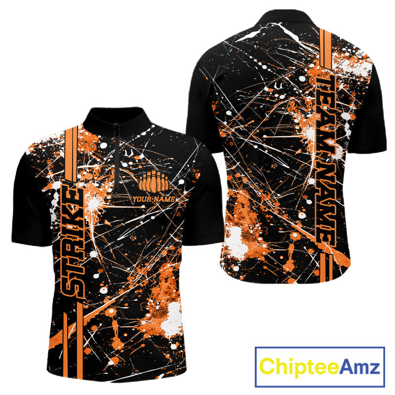 Custom Black And Orange Splatter Camo Strike Bowling League Shirts, Men Bowling Jerseys IPHW10650