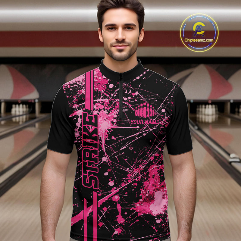 Custom Black And Pink Splatter Camo Strike Bowling League Shirts, Men Bowling Jerseys IPHW10651