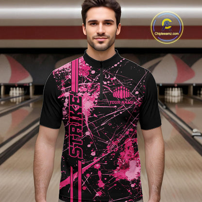 Custom Black And Pink Splatter Camo Strike Bowling League Shirts, Men Bowling Jerseys IPHW10651