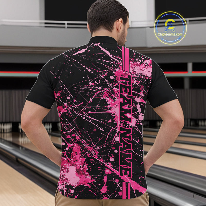 Custom Black And Pink Splatter Camo Strike Bowling League Shirts, Men Bowling Jerseys IPHW10651