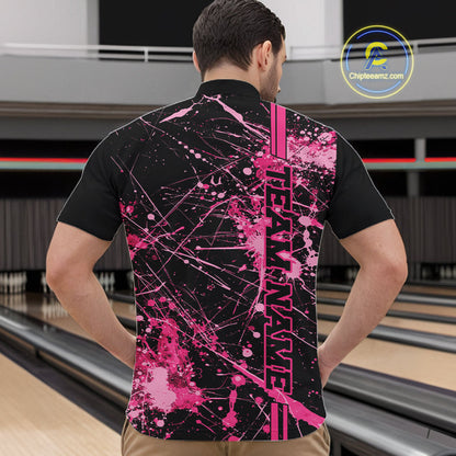 Custom Black And Pink Splatter Camo Strike Bowling League Shirts, Men Bowling Jerseys IPHW10651