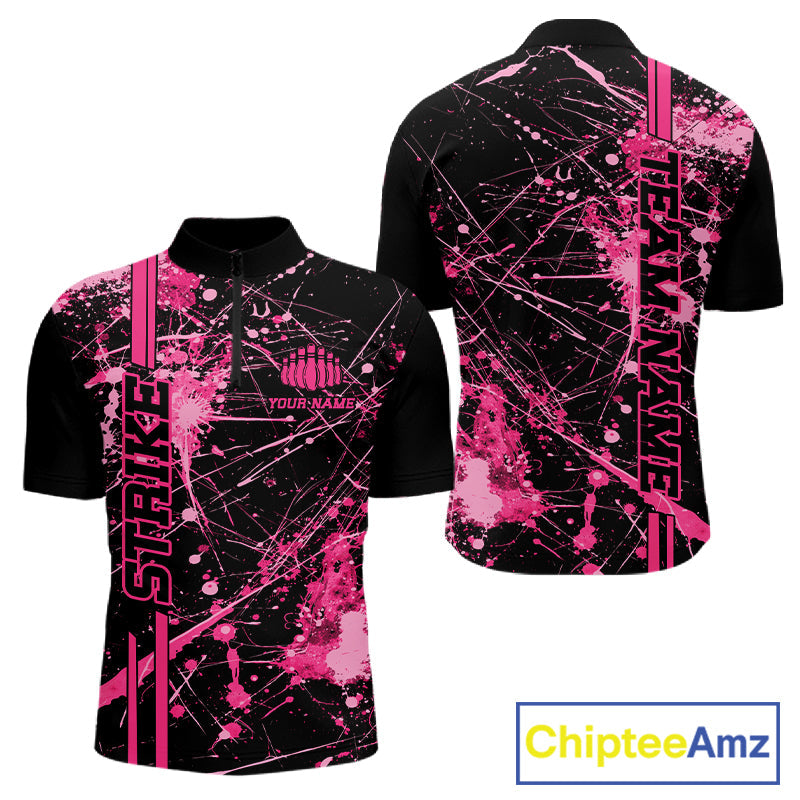 Custom Black And Pink Splatter Camo Strike Bowling League Shirts, Men Bowling Jerseys IPHW10651