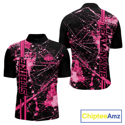 Custom Black And Pink Splatter Camo Strike Bowling League Shirts, Men Bowling Jerseys IPHW10651
