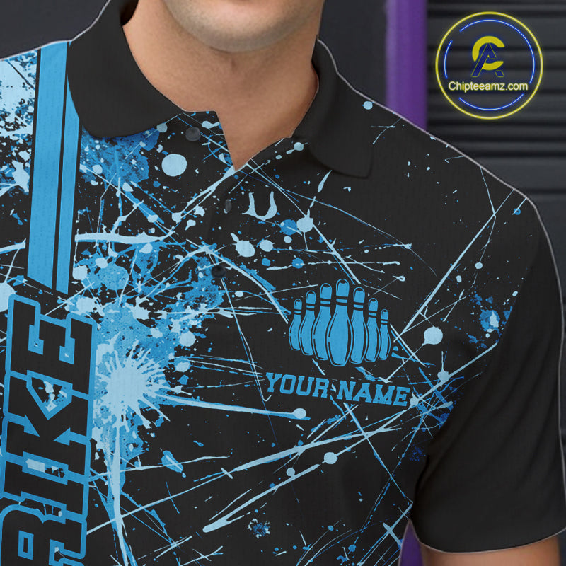 Custom Black And Blue Splatter Camo Strike Bowling League Shirts, Men Bowling Jerseys IPHW10652