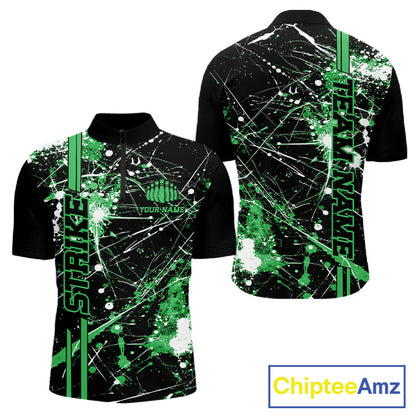 Custom Black And Green Splatter Camo Strike Bowling League Shirts, Men Bowling Jerseys IPHW10653