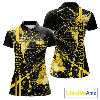 Custom Black And Yellow Splatter Camo Strike Bowling League Shirts, Women Bowling Jerseys IPHW10654