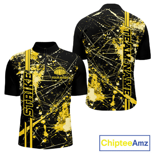 Custom Black And Yellow Splatter Camo Strike Bowling League Shirts, Men Bowling Jerseys IPHW10654