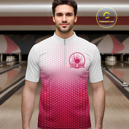Custom Name Pink Bowling Jerseys For Men, Bowling League Quarter-Zip Shirt Bowler Outift IPHW10655