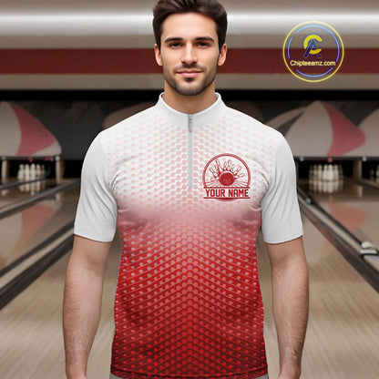 Custom Name Red Bowling Jerseys For Men, Bowling League Quarter-Zip Shirt Bowler Outift IPHW10656