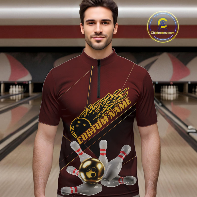 Custom Red And Gold Bowling Shirts For Men, Flame Bowling Team Shirts Bowling Uniform IPHW10660