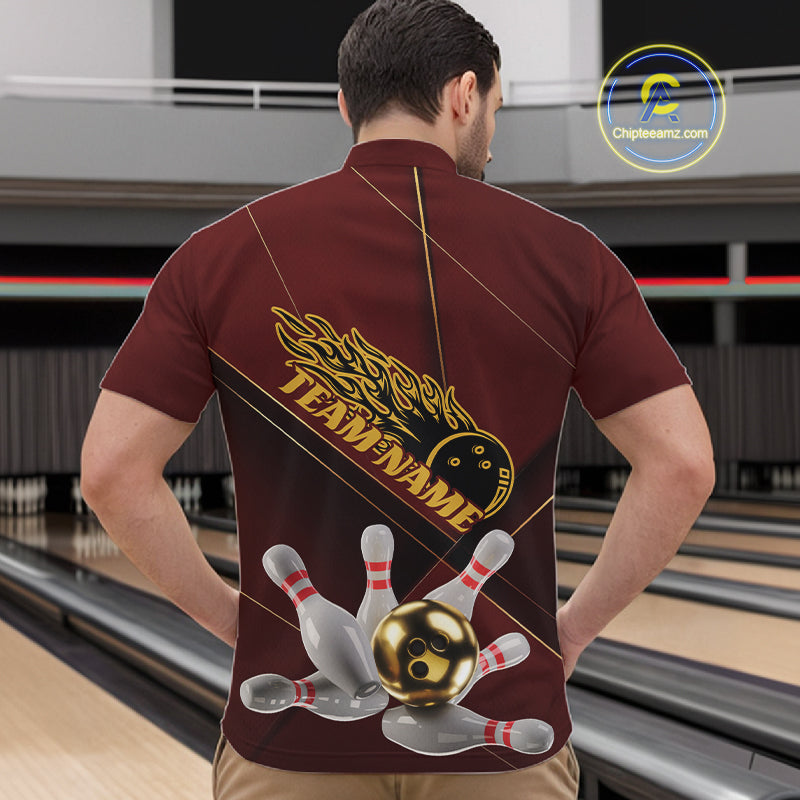 Custom Red And Gold Bowling Shirts For Men, Flame Bowling Team Shirts Bowling Uniform IPHW10660