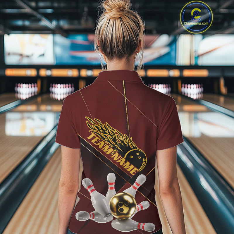 Custom Red And Gold Bowling Shirts For Women, Flame Bowling Team Shirts Bowling Uniform IPHW10660