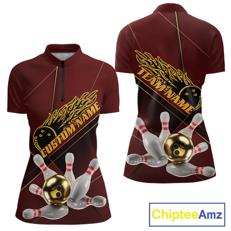Custom Red And Gold Bowling Shirts For Women, Flame Bowling Team Shirts Bowling Uniform IPHW10660