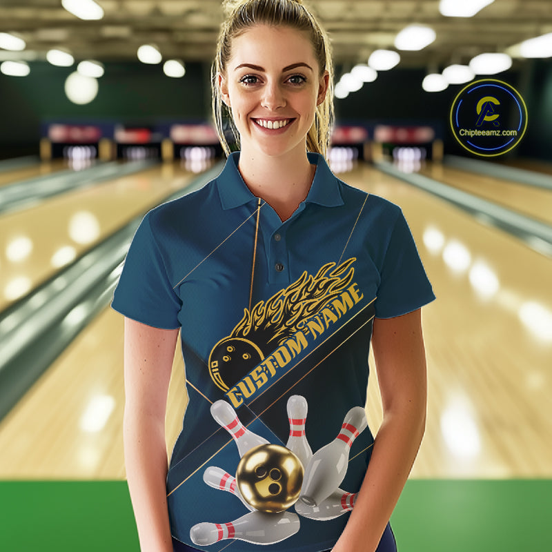 Custom Blue And Gold Bowling Shirts For Women, Flame Bowling Team Shirts Bowling Uniform IPHW10661