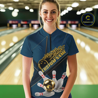 Custom Blue And Gold Bowling Shirts For Women, Flame Bowling Team Shirts Bowling Uniform IPHW10661