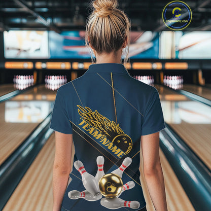 Custom Blue And Gold Bowling Shirts For Women, Flame Bowling Team Shirts Bowling Uniform IPHW10661