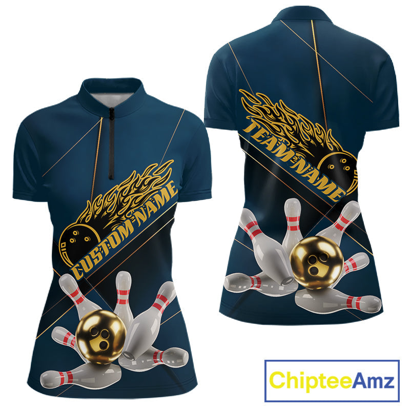 Custom Blue And Gold Bowling Shirts For Women, Flame Bowling Team Shirts Bowling Uniform IPHW10661