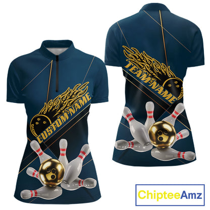 Custom Blue And Gold Bowling Shirts For Women, Flame Bowling Team Shirts Bowling Uniform IPHW10661