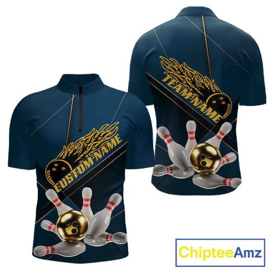 Custom Blue And Gold Bowling Shirts For Men, Flame Bowling Team Shirts Bowling Uniform IPHW10661