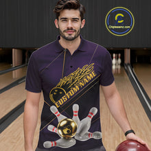 Load image into Gallery viewer, Custom Purple And Gold Bowling Shirts For Men, Flame Bowling Team Shirts Bowling Uniform IPHW10662