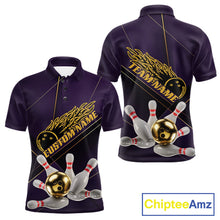 Load image into Gallery viewer, Custom Purple And Gold Bowling Shirts For Men, Flame Bowling Team Shirts Bowling Uniform IPHW10662