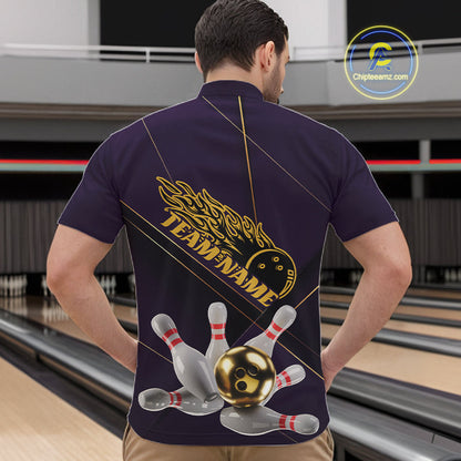 Custom Purple And Gold Bowling Shirts For Men, Flame Bowling Team Shirts Bowling Uniform IPHW10662