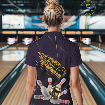 Custom Purple And Gold Bowling Shirts For Women, Flame Bowling Team Shirts Uniform IPHW10662