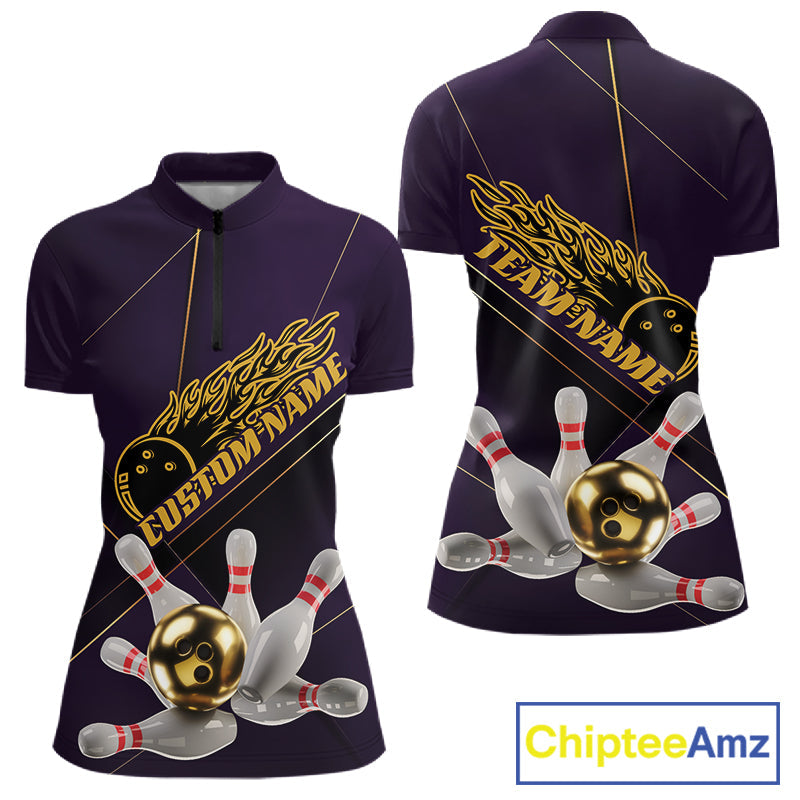 Custom Purple And Gold Bowling Shirts For Women, Flame Bowling Team Shirts Uniform IPHW10662