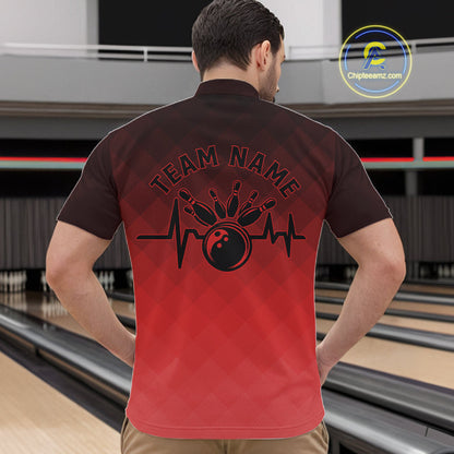 Bowling Heartbeat Pulse Line Red Argyle Custom Bowling Team Quarter-Zip Shirts For Men IPHW10664