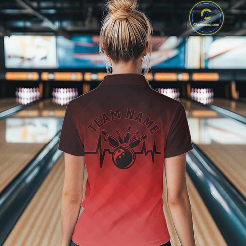 Bowling Heartbeat Pulse Line Red Argyle Custom Bowling Team Quarter-Zip Shirts For Women IPHW10664