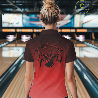 Bowling Heartbeat Pulse Line Red Argyle Custom Bowling Team Quarter-Zip Shirts For Women IPHW10664