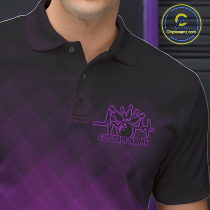 Bowling Heartbeat Pulse Line Purple Argyle Custom Bowling Team Polo Shirts For Men IPHW10665