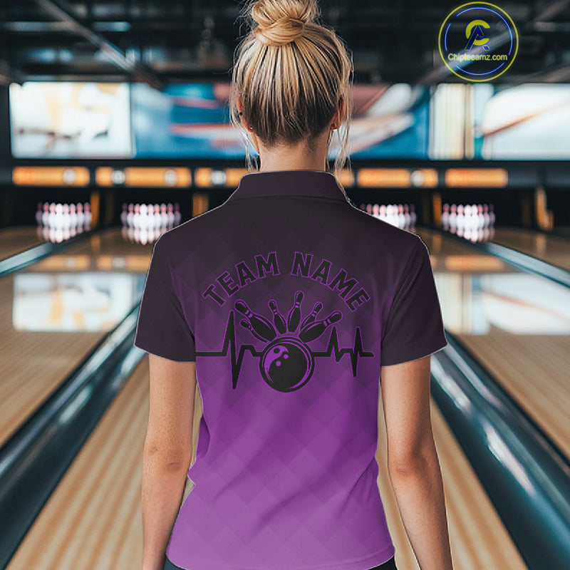 Bowling Heartbeat Pulse Line Purple Argyle Custom Bowling Quarter-Zip Shirts For Women IPHW10665