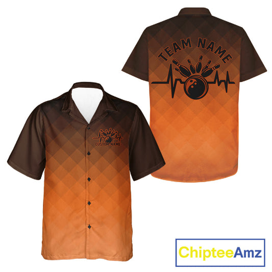 Bowling Heartbeat Pulse Line Orange Argyle Custom Bowling Team Hawaiian Shirts For Men And Women IPHW10666