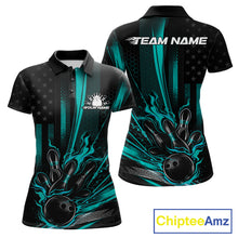 Load image into Gallery viewer, Custom Turquoise Blue US Flag Patriotic Women Bowling Shirt, American Flame Bowling Jersey IPHW11149