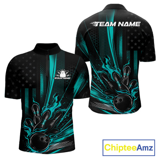 Front and back view of a black and turquoise blue mens bowling quarter-zip shirt featuring a distressed American flag theme and patriotic bowling strike artwork.