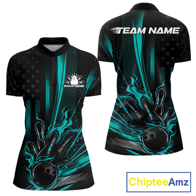 Front and back display of a black and turquoise blue women’s bowling quarter-zip shirt featuring a patriotic bowling ball striking pins with distressed American flag artwork.