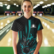 Load image into Gallery viewer, Custom Turquoise Blue US Flag Patriotic Women Bowling Shirt, American Bowling Jersey IPHW11149