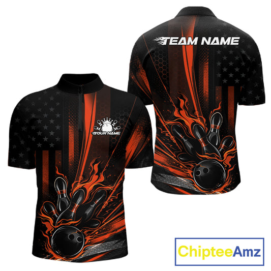 Front and back display of a black and orange mens bowling quarter-zip shirt showcasing a patriotic bowling ball striking pins over a distressed American flag background.