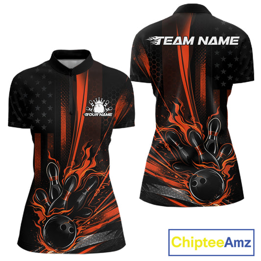 Front and back mockup of a black and orange women’s bowling quarter-zip shirt showcasing a patriotic bowling ball striking pins over a distressed American flag background.
