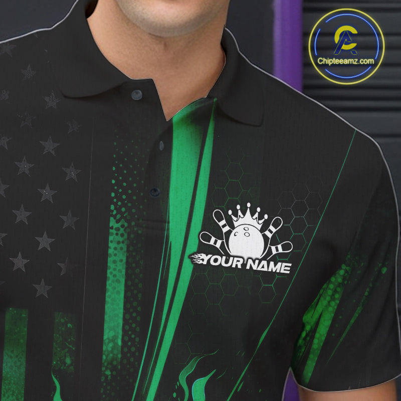 Close-up of a black and green bowling polo shirt left chest showcasing patriotic bowling strike graphics and flag-inspired flames.