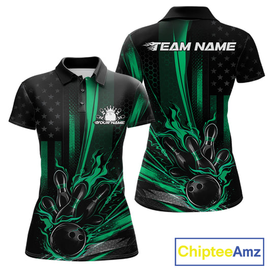 Front and back view of a black and green women’s bowling polo shirt featuring a distressed American flag theme with a patriotic bowling ball striking pins.