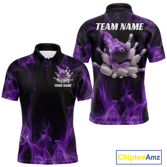 Front and back view of a black and purple men’s bowling polo shirt featuring a bowling ball crashing into scattered pins with a flames background.