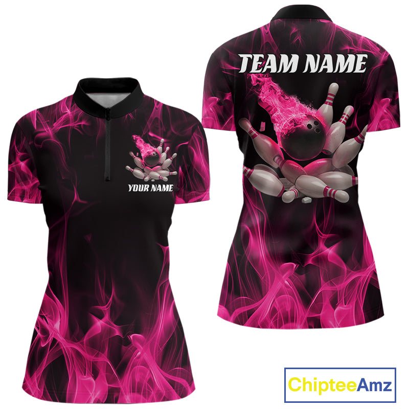 Front and back mockup of a black and pink women’s bowling quarter-zip shirt featuring a bowling ball crashing into scattered pins with blazing flame artwork.