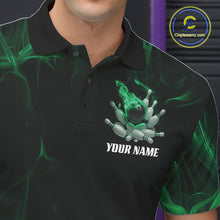 Load image into Gallery viewer, Green Fire Bowling Ball And Pins Custom Shirts For Men, Flame Bowling Team Jersey IPHW11154