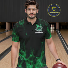 Load image into Gallery viewer, Green Fire Bowling Ball And Pins Custom Shirts For Men, Flame Bowling Team Jersey IPHW11154